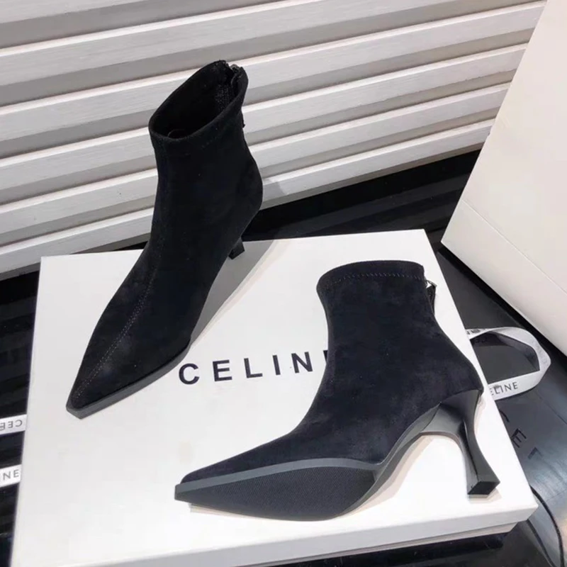 Leopard Women Boots Sexy Pointed Toe Shoes High Heels Chelsea Boots 2025 Winter Fashion Pumps Suede Short Boots Mujer Zapatos