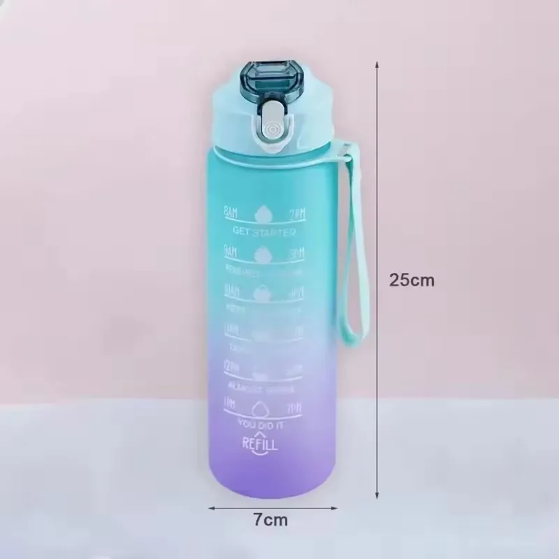 750ml Sports Water Bottle High Temperature Resistant Graduated Straw Cup Rainbow Frosted Progressive Color Water Cup Plastic Cup