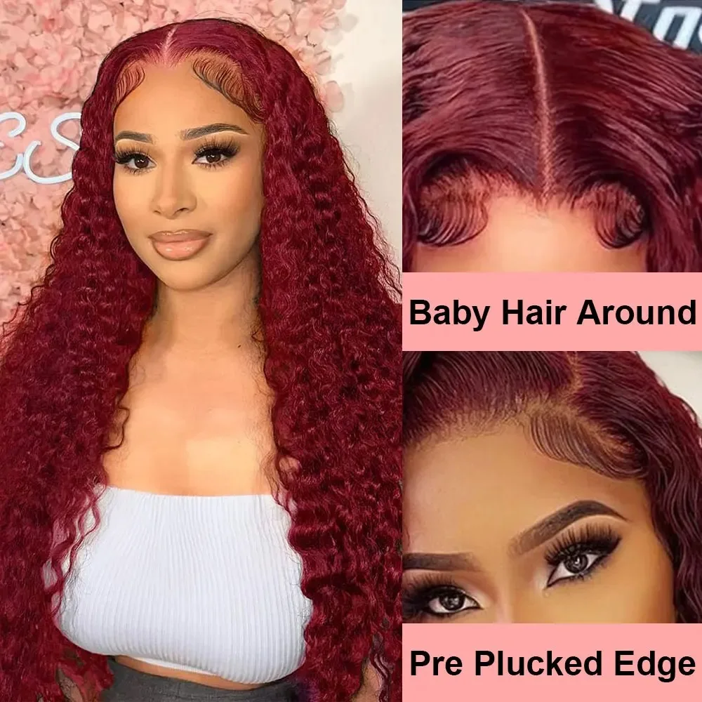 34 Inch Burgundy 13x4 Hd Lace Frontal Human Hair Wig Deep Wave Curly Wigs For Women Water Wave Colored 99j Red Lace Front Wig image 4