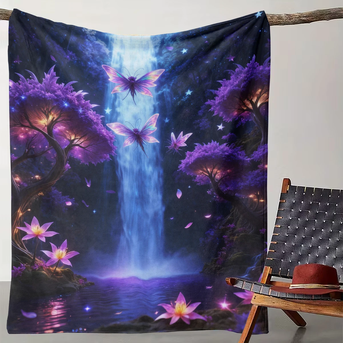 

1pc Fantasy Purple Forest Waterfall Butterfly Blanket Fantasy Luminous Floral Flannel Throw