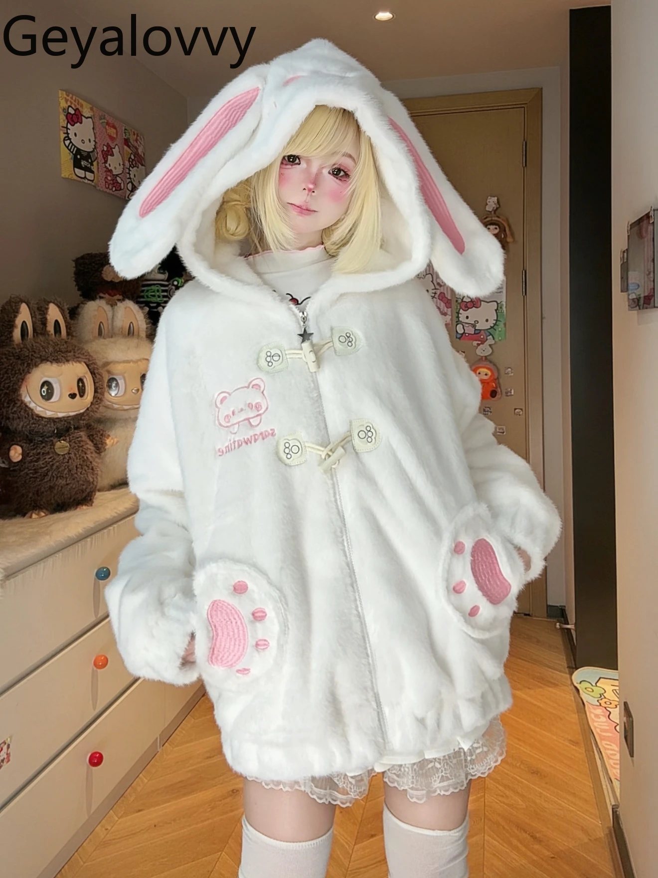 Original Design Winter New Sweet Cute Thickened Cotton Jacket for Women Loose Versatile White Hooded Warm Zipper Parkas Coat