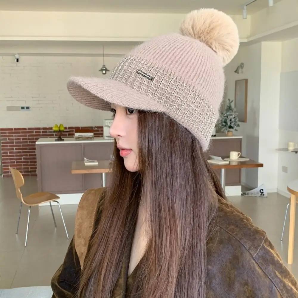 Knitted Winter Baseball Cap Windproof Pom Pom Design Knit Visor Beanie Warm 56-58 cm Brimmed Windproof Hat Outdoor Sports