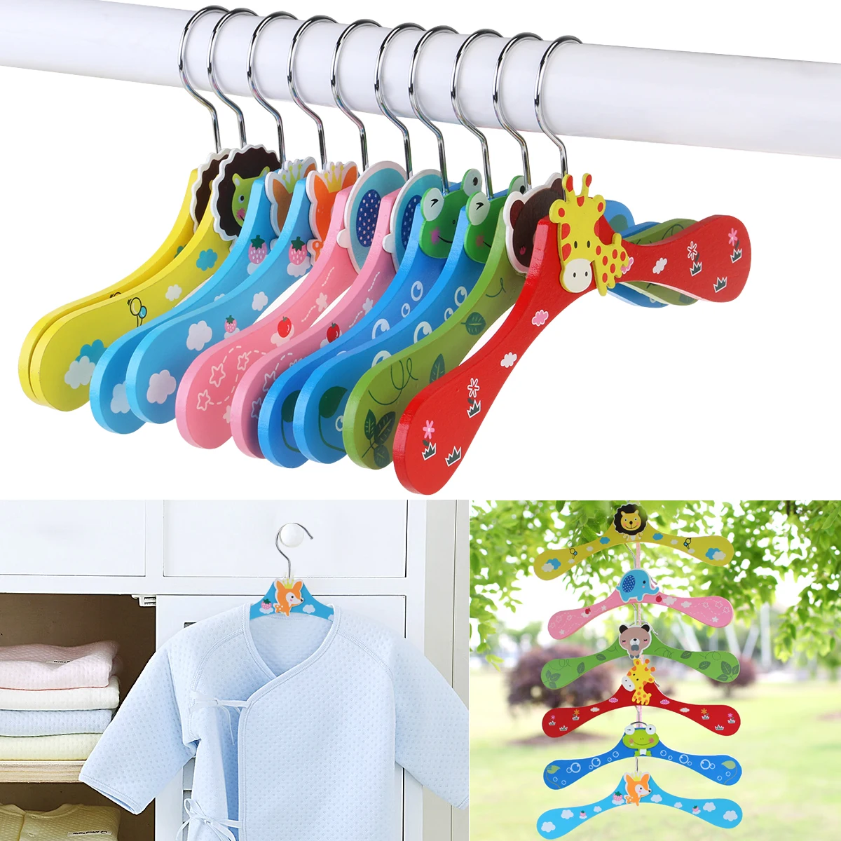 

10pcs Children Hangers Wood Metal Cartoon Clothes Racks Hooks for Kids Bedroom Closet