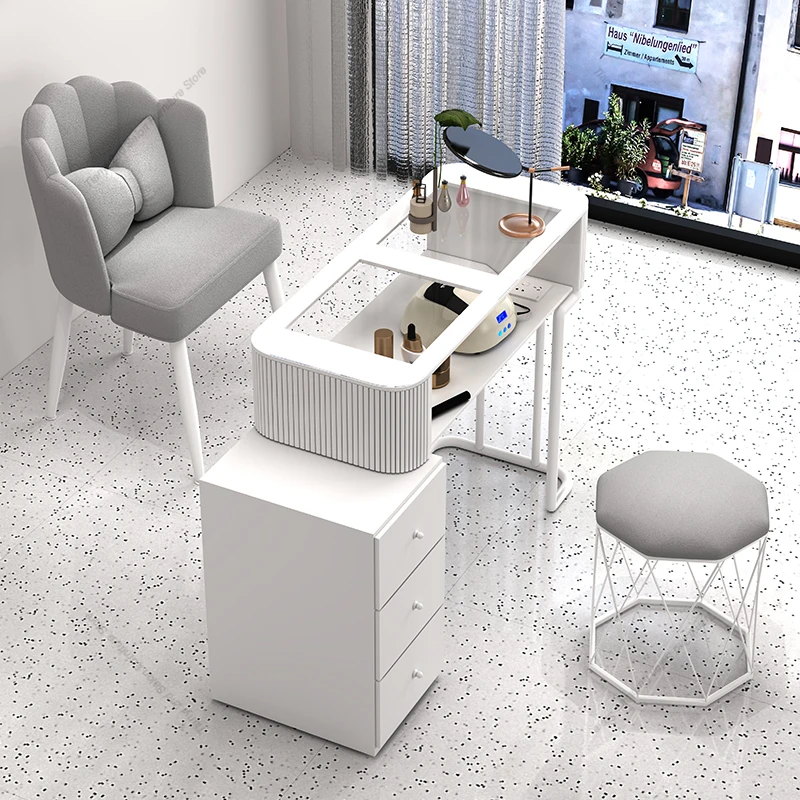 Cream Style Dressing Manicure Table Glass Tabletop Storage Modern Reception Nail Tables Simple Salon Furniture Nail Desk LLMT