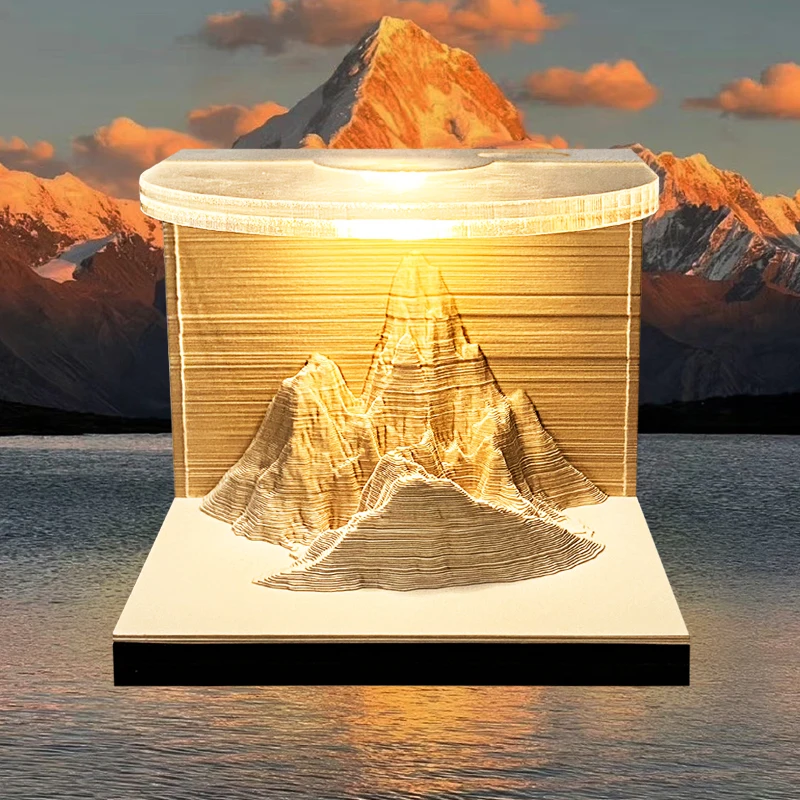 Omoshiroi Note Block 3D Notepad Sunrise Mountain 234Sheet 3D Memo Pads With Lights 3D Sticky Note Paper Accessories Novelty Gift