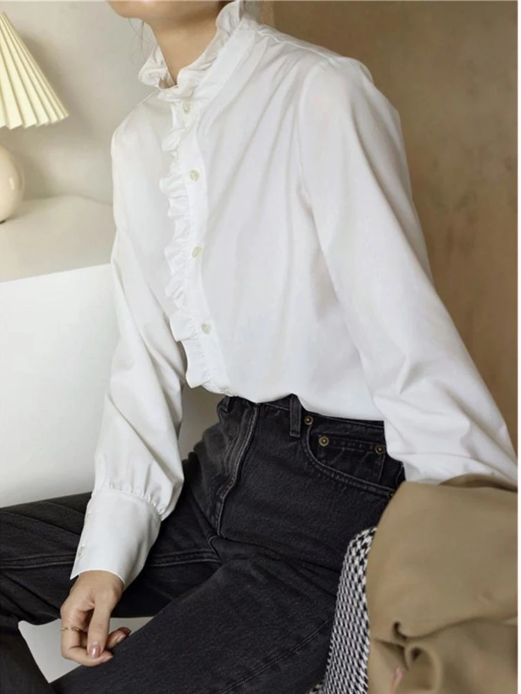 

White Shirt Women Elegant Ruffle Collar Blouses Autumn Casual Loose Button Long Sleeve Shirt Office Lady Vintage Fashion Blouses