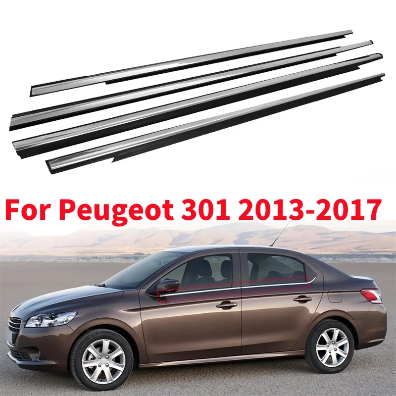 4Pcs Black & Chrome Window Weather Strip Window Glass Waterproof Pressure Strip Sealing Strips For Peugeot 301 2013-2017