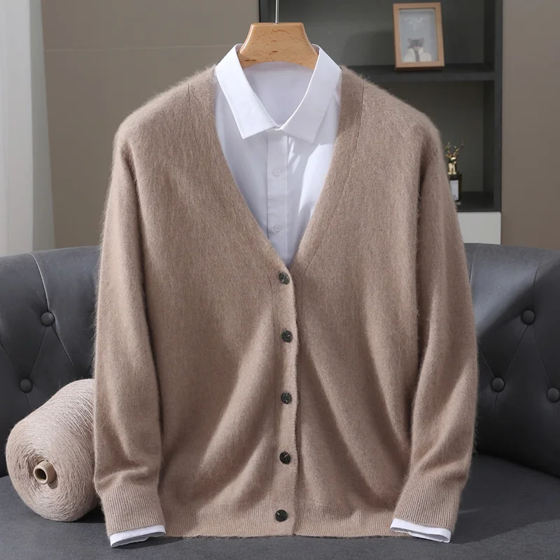 

Толстый мужской трикотажный кардиган с длинными рукавами, свитер на осень и зиму с v-образным вырезом, 100% норковый кашемир, мягкая теплая одежда, топы