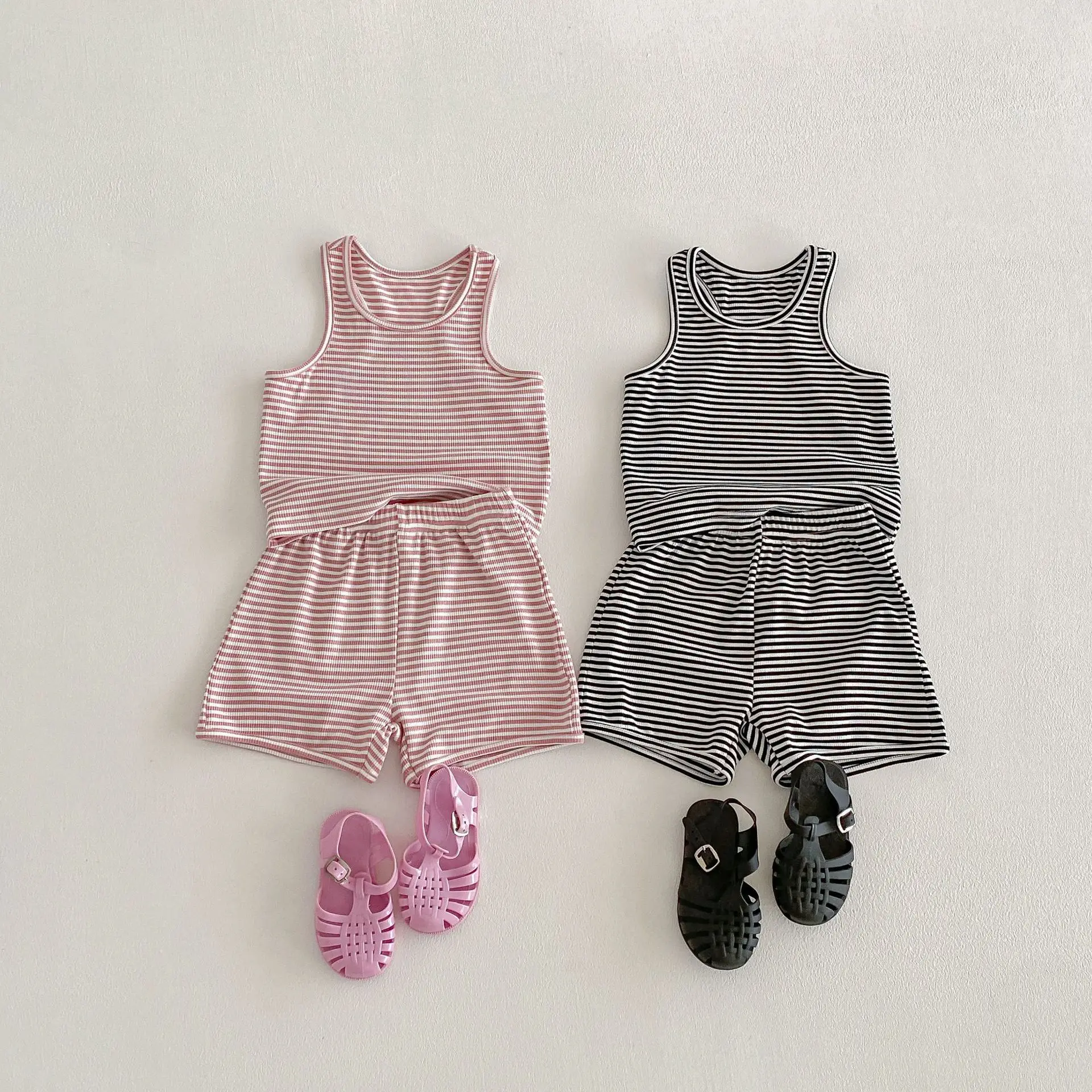 

2026 Summer New Boys Girls Sleeveless Striped Clothes Set Children Striped Vest + Shorts 2pcs Suit Thin Cotton Toddler Outfits