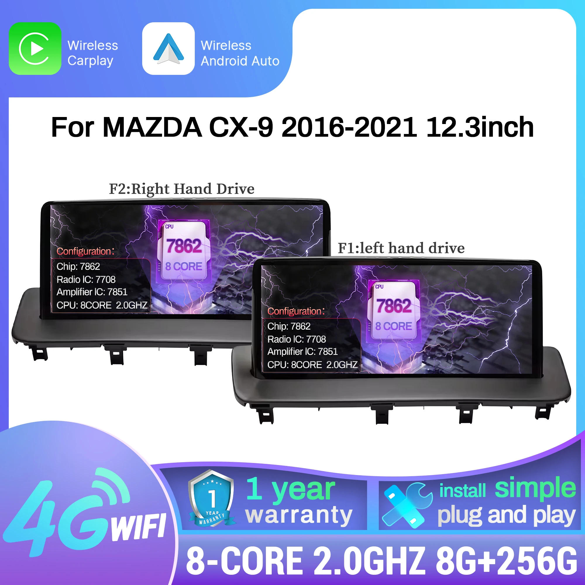

12.3 inch Android 14 For MAZDA CX-9 2016-2019 2020 2021 Multimedia BT CarPlay Car Radio Navigation 4G GPS Stereo Touch Screen