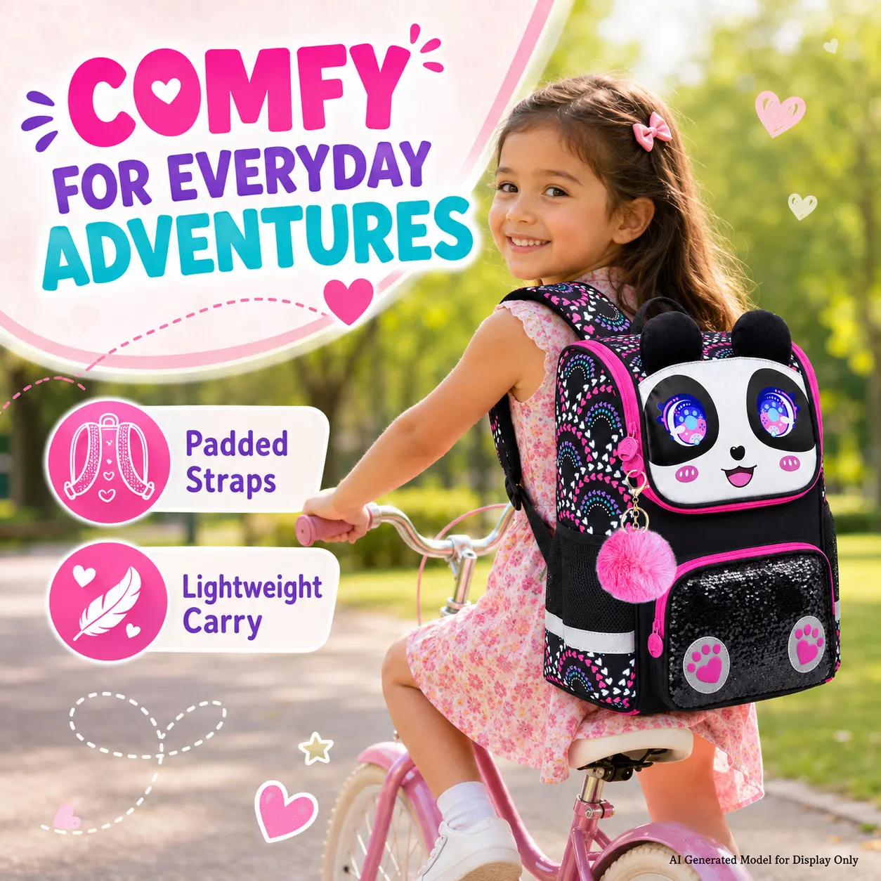 Kid's backpack 3PCS 15 Inch Hard Shell Set, Big Eyes Panda Print, One Backpack + One Handbag + One Pencil Case