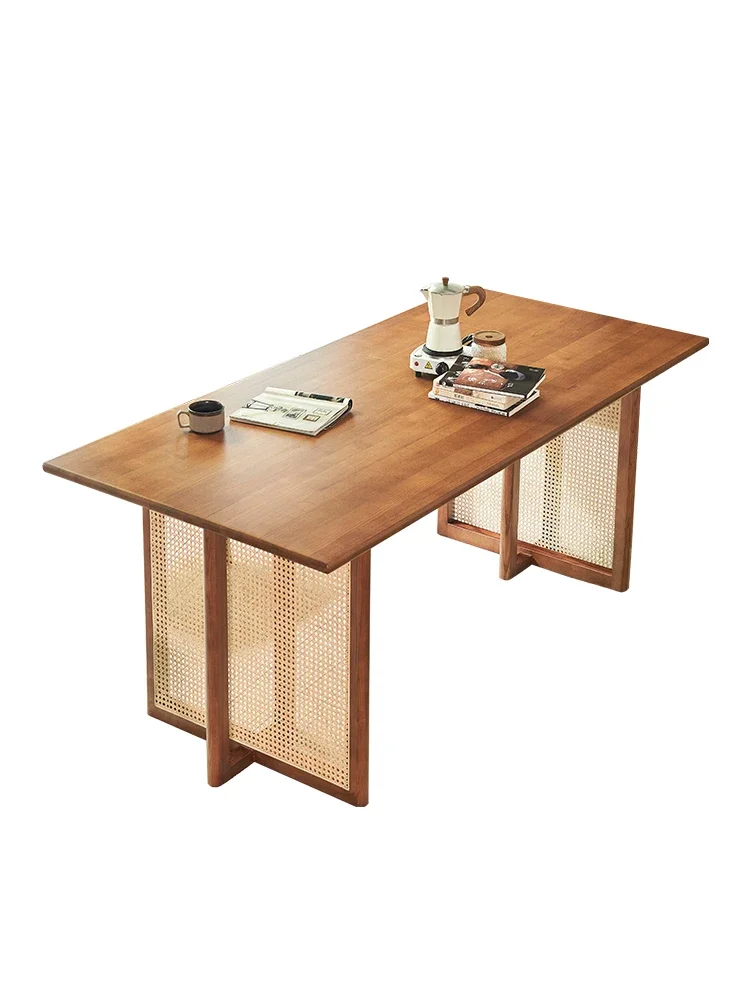 Nordic solid wood rattan log long table modern simple small apartment combination walnut vintage table