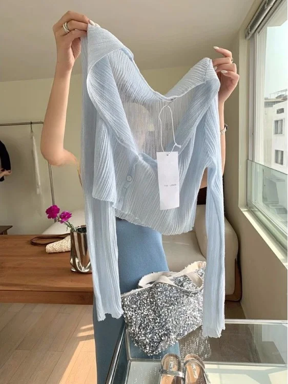 

Blue Ice Silk UV Protection Knitted Cardigan Women's Summer Thin Outerwear Overalls Casual Slim Fit Long Sleeve V-Neck Top