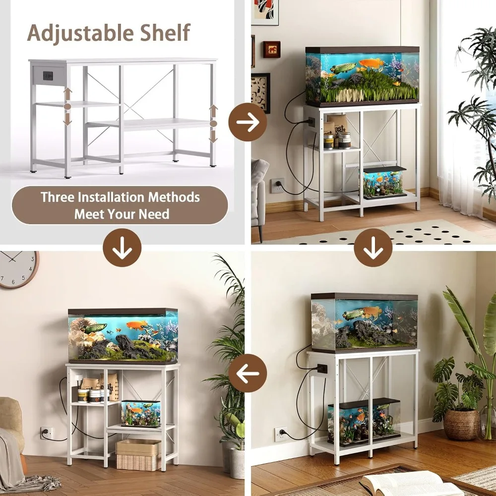 20-29 Gallon Fish Tank Stand with Power Outlet & LED Light, 3 Tier Adjustable Shelves, 30.7" L x 13.8" W, White - view 3