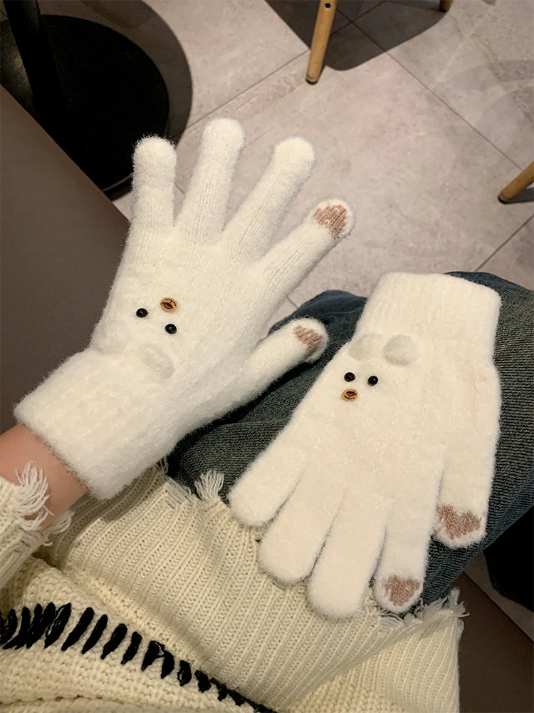 Cute Knitted Woolen Gloves with Fleece  Touchscreen Compatible Five Finger Cycling Gloves for Women Winter Warm