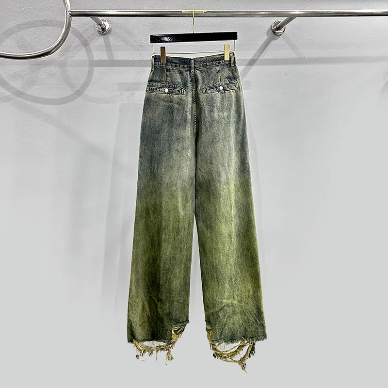 MWJQ Spring 2025 New High Quality Vintage Gradient Jeans Japanese Straight Drag Washed Denim Long Pants Casual Trousers 010046