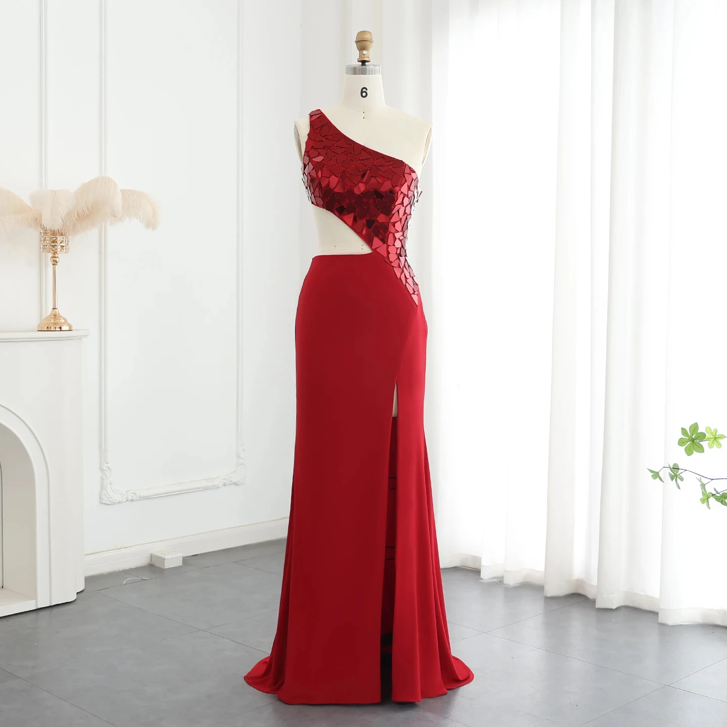 Jancember Diamond Red Mermaid One Shoulder Evening Dresses with Side Slit Royal Blue Women Wedding Party Gowns SZ060