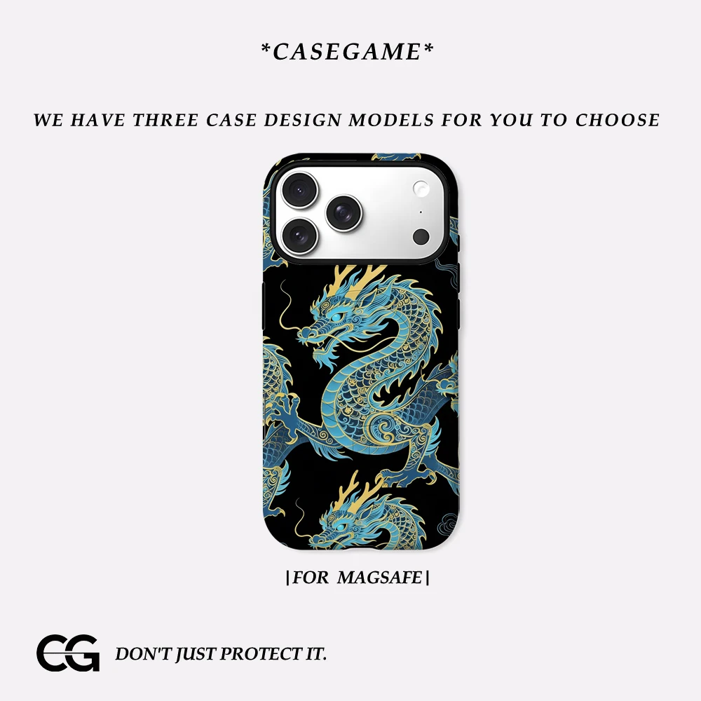 Casegame Matte Bumper für MagSafe Hülle für iPhone 17 16 15 14 Plus 13 Pro Max Stoßfeste Harte PC Schwarz Blau Drachen Cover