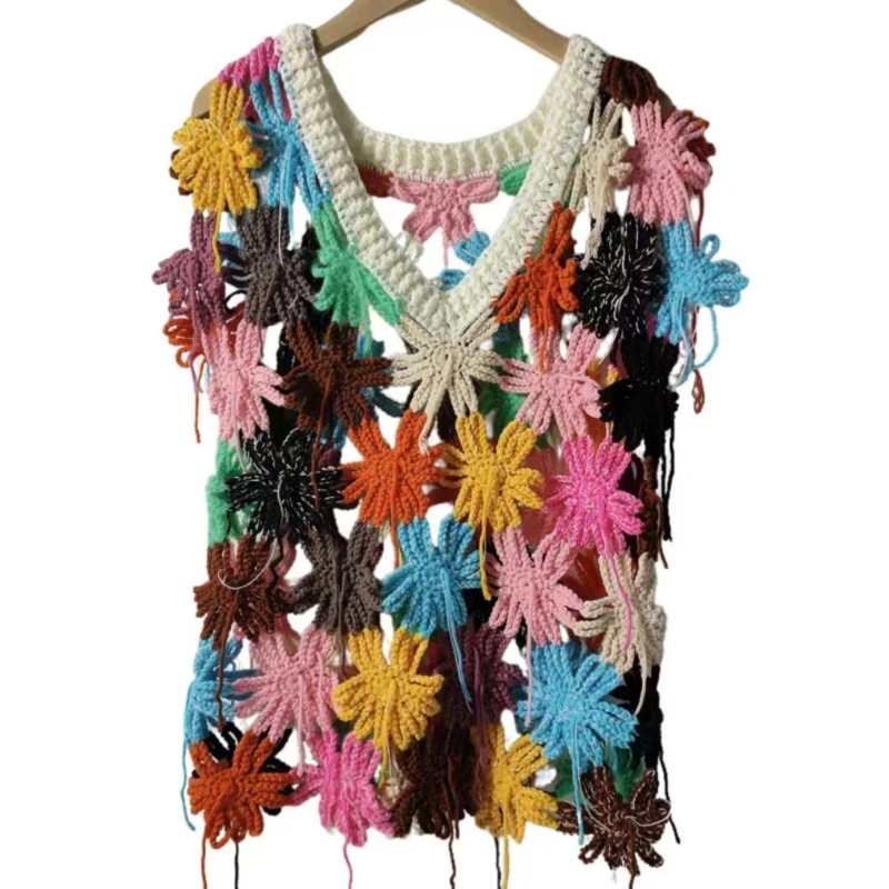 

Handmade Crochet Floral v-neck Vest 2024 Women Niche Design Chic Hollow-out Colorful Sweater Outfit Women Clothes