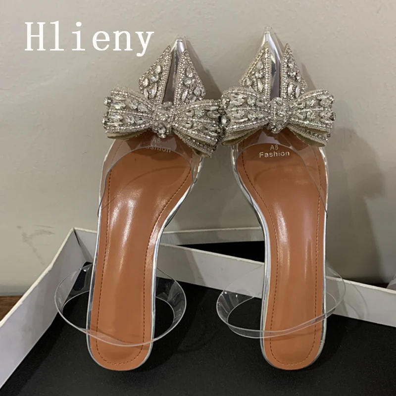 Hlieny-zapatos de tacón alto y bajo para mujer, sandalias transparentes de PVC, con lazo de cristal y punta estrecha plateada, y boda para fiesta,