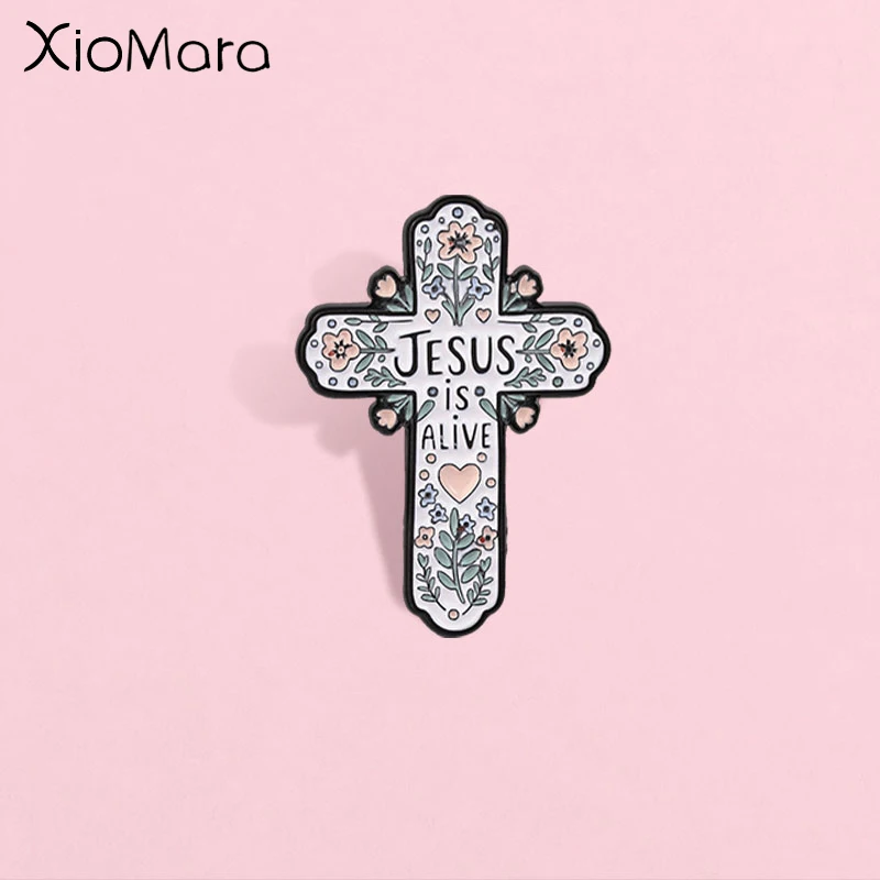 Épinglette en émail créative à motif floral religieux, badge « Jésus est vivant », accessoire de mode pour vêtements et sacs, meilleur cadeau pour les croyants