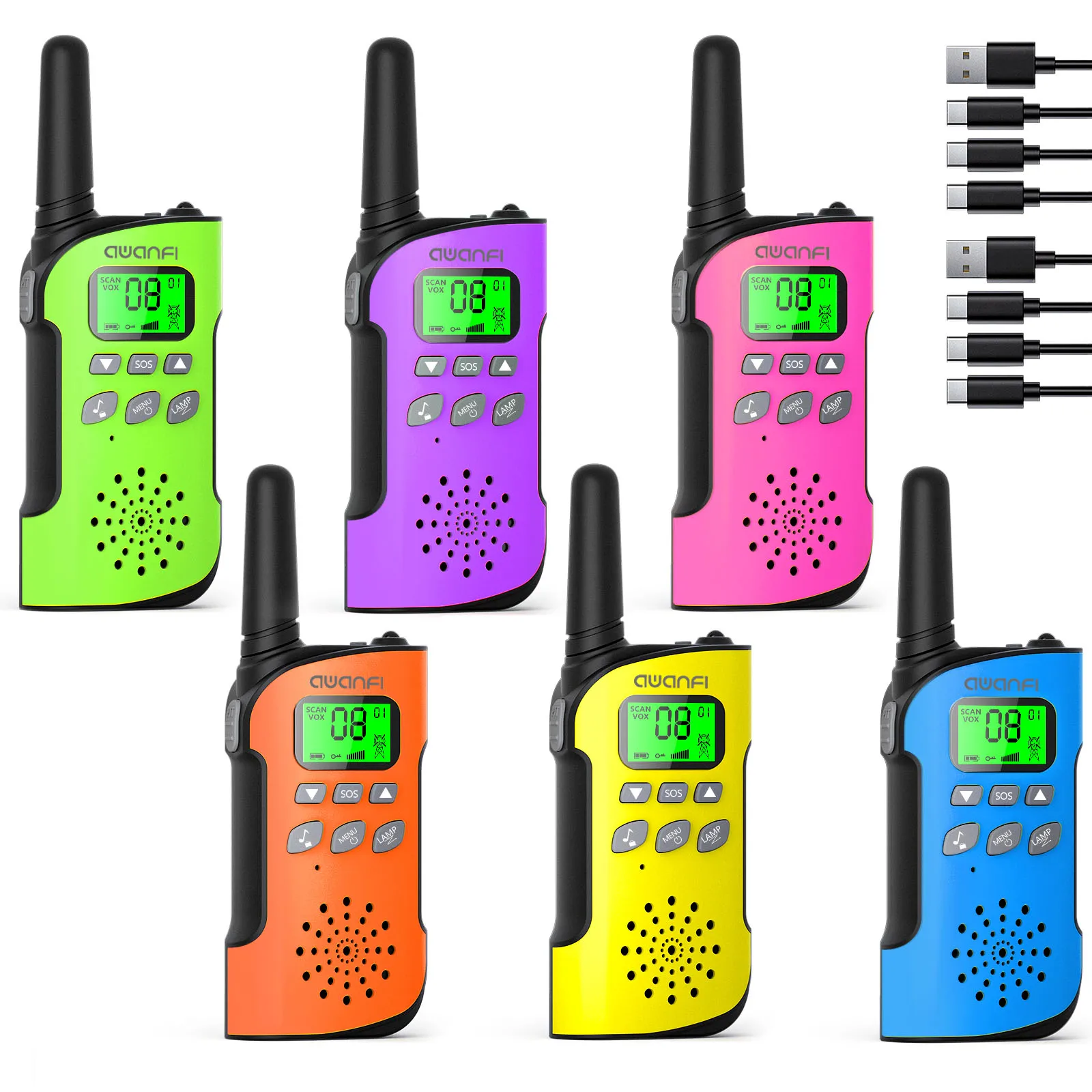 FRS/PMR446 Walkie Talkies for Adults Kids 6 Pack, Rechargeable, 1000mAh, USB-C, Flashlight, Lanyard, VOX for US, CA, MX, EU, UK
