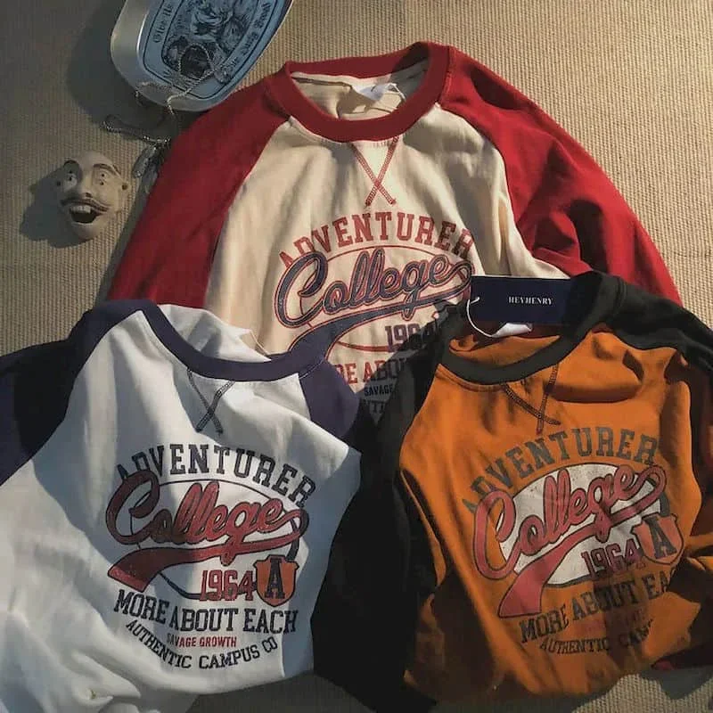 

Vinatge футболка с длинным рукавом Женская шикарная весенне-осенняя Корейская рубашка Женская свободная футболка с принтом букв топ с цветными рукавами реглан