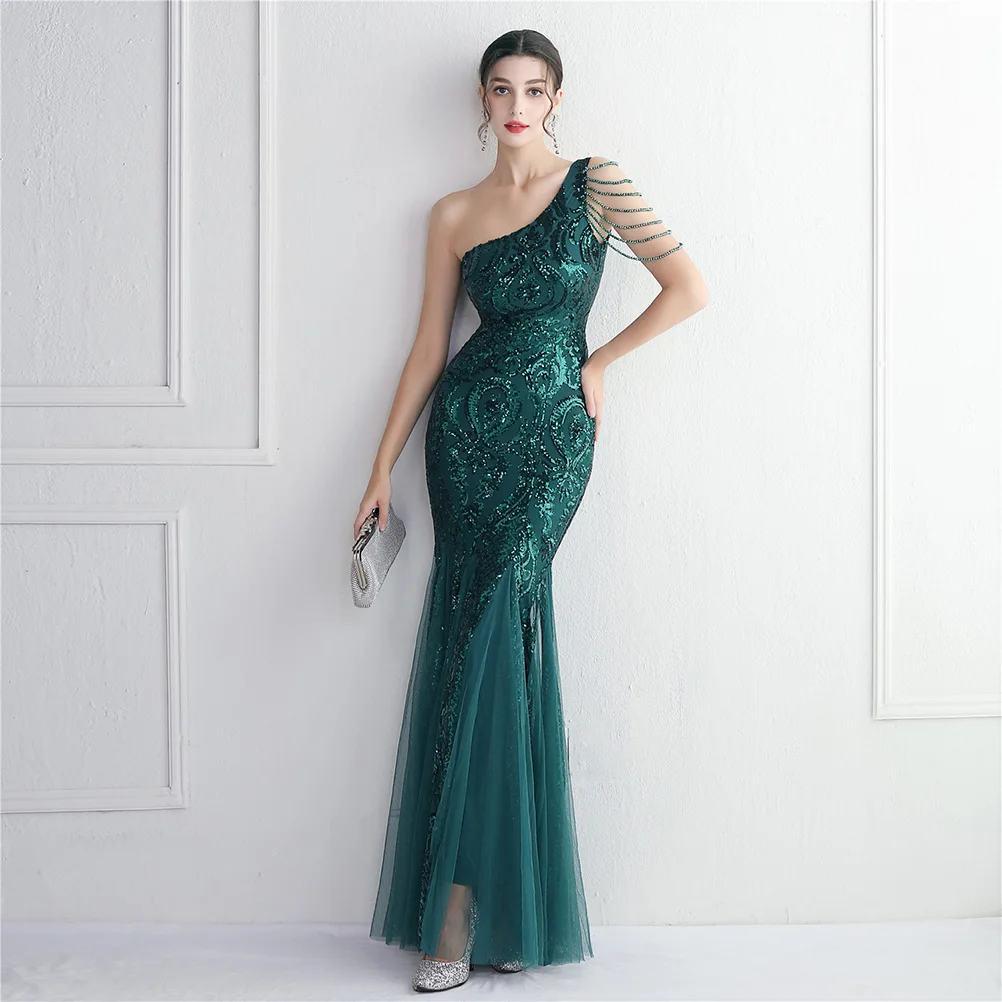 DEERVEADO One Shoulder Emerald Green Sequins Evening Dress for Women Elegant Bodycon Party Maxi Dress Formal Dress Evening Gown