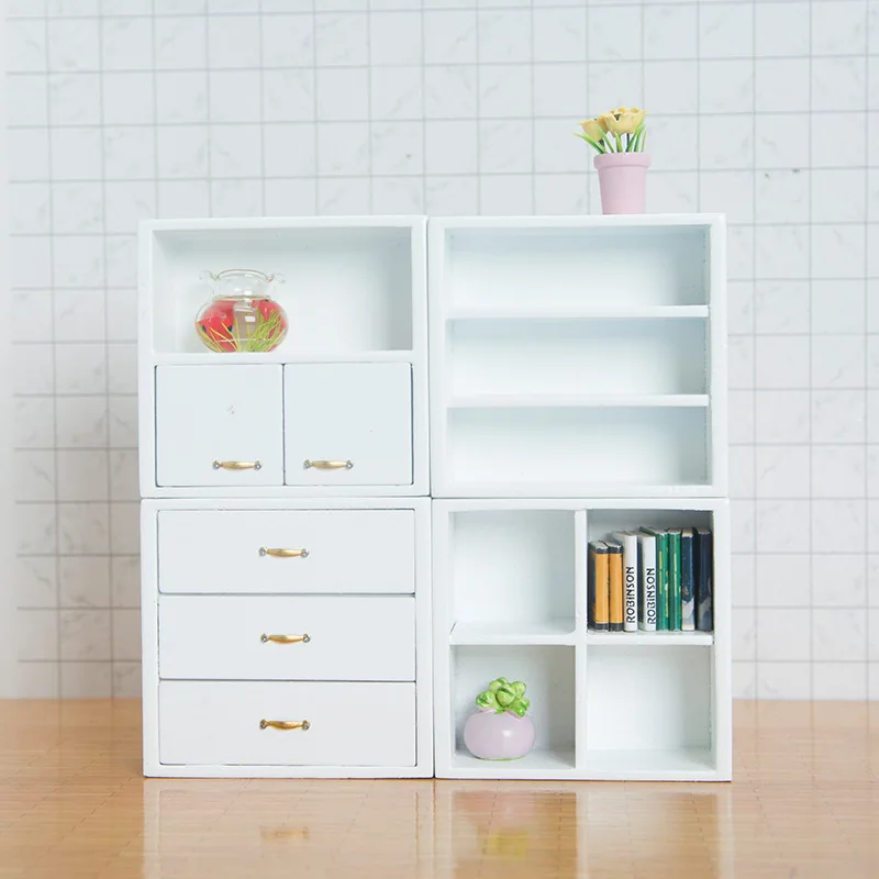 Juego de gabinete blanco DIY en miniatura para casa de muñecas 1:12, muebles de exhibición realistas para decoración y manualidades de casa modelo
