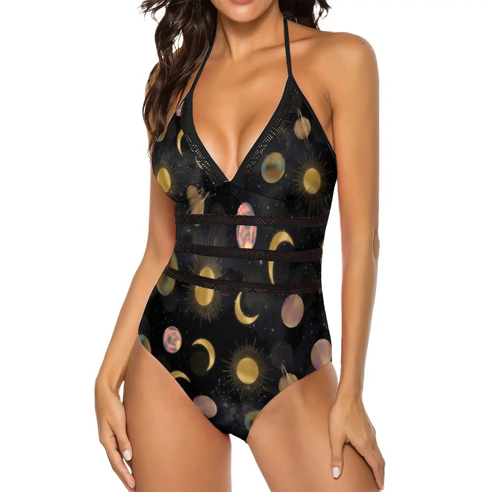 Gold Sun Moon Swimsuit Planets Space One Piece Swimwear Push Up Beach Monokini Sexy Hollow Out Graphic Swimsuits Beach Wear