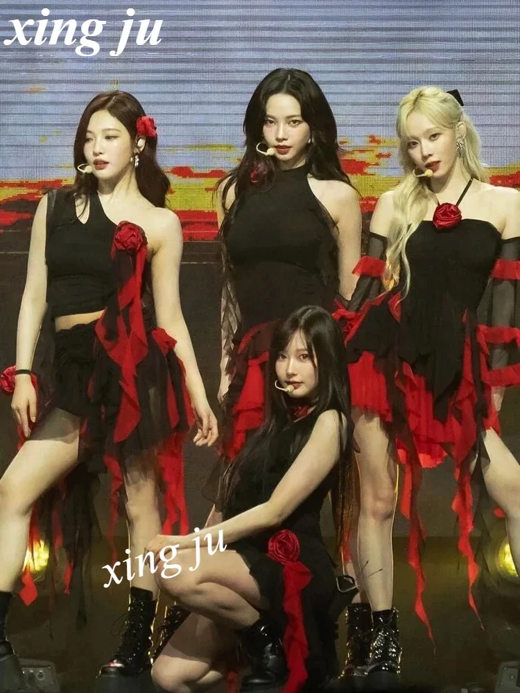 Trajes de baile de Jazz para mujer, trajes de cantante Kpop, Tops cortos con tirantes, falda Irregular, ropa para actuación en escenario y club nocturno