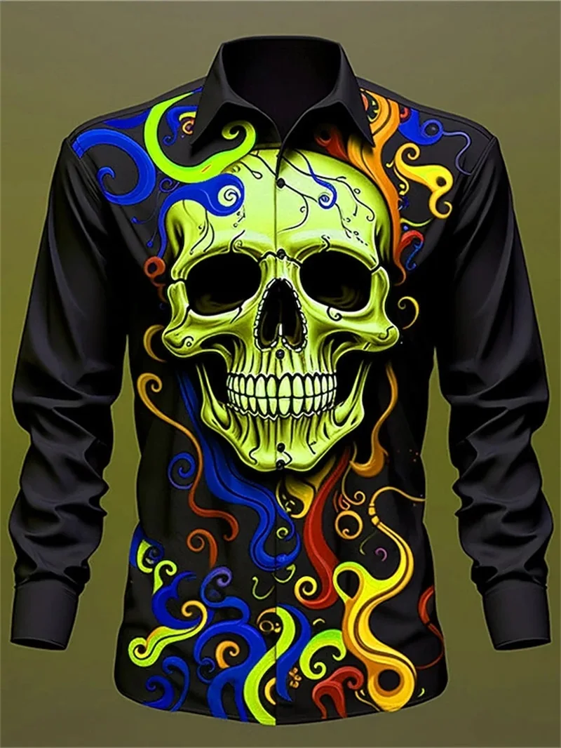 All Over Print Skull Vintage Gothic Shirt For Men Halloween Turndown Button Up Long Sleeve Shirts Blouse Mens Casual Tee Tops