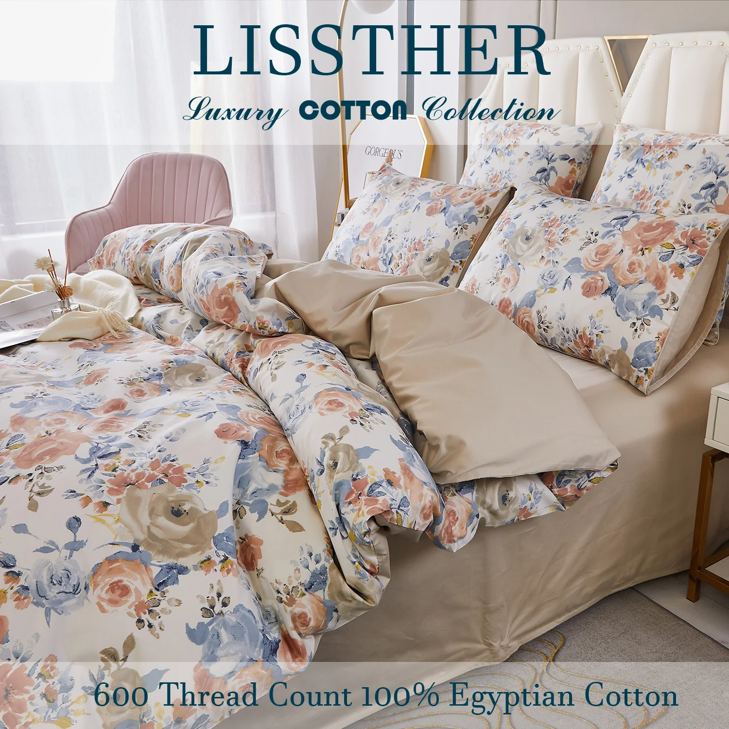 3pcs 600 Thread Count 100% Egyptian Cotton Duvet Cover Set (Without Core), Vintage Garden Flower Print, Soft And Skin-friendly