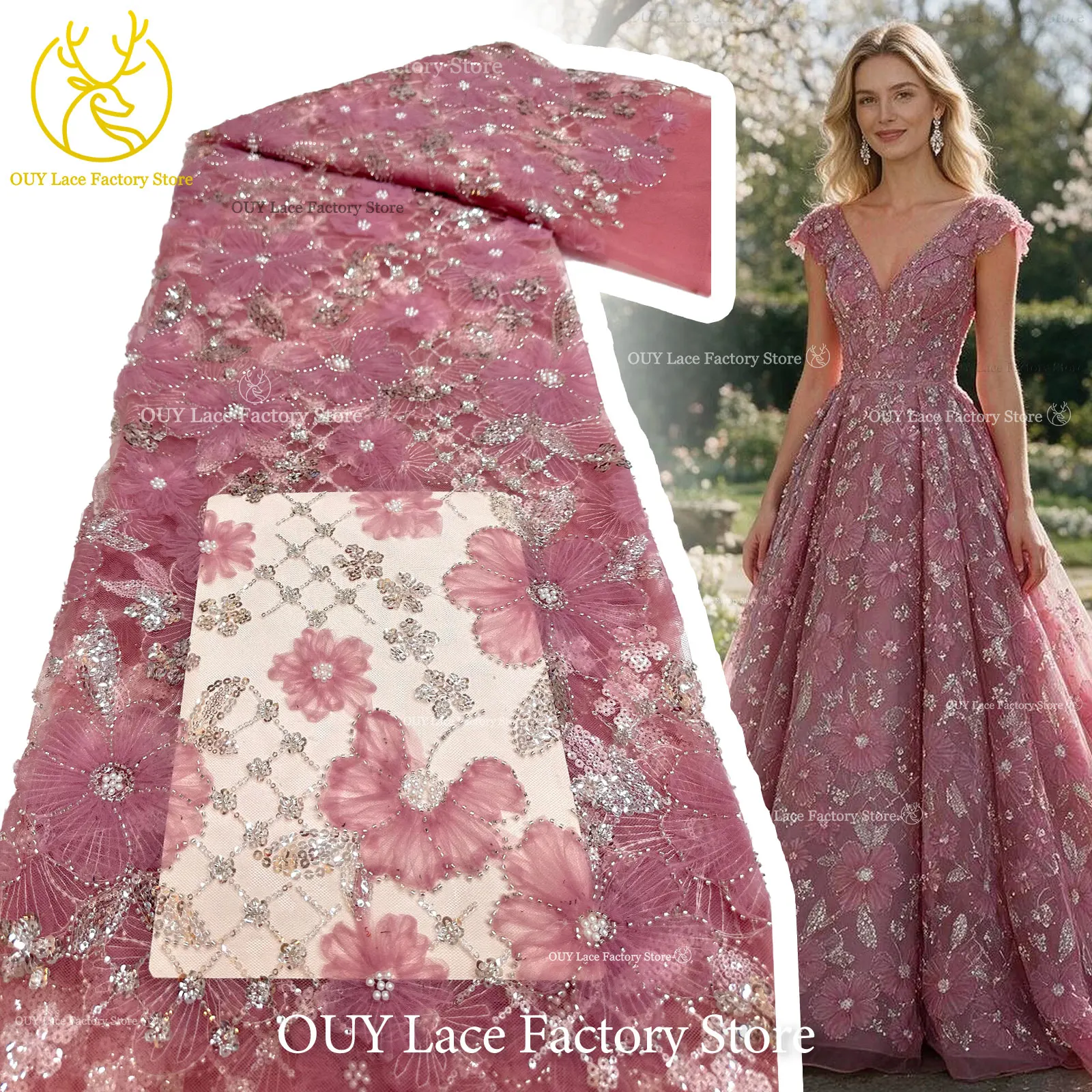Premium 3D Flower Beaded Sheer Tulle Lace Wholesale African Sparkling Sequin Mesh Lace for Sewing Bridal Wedding & Evening Dress