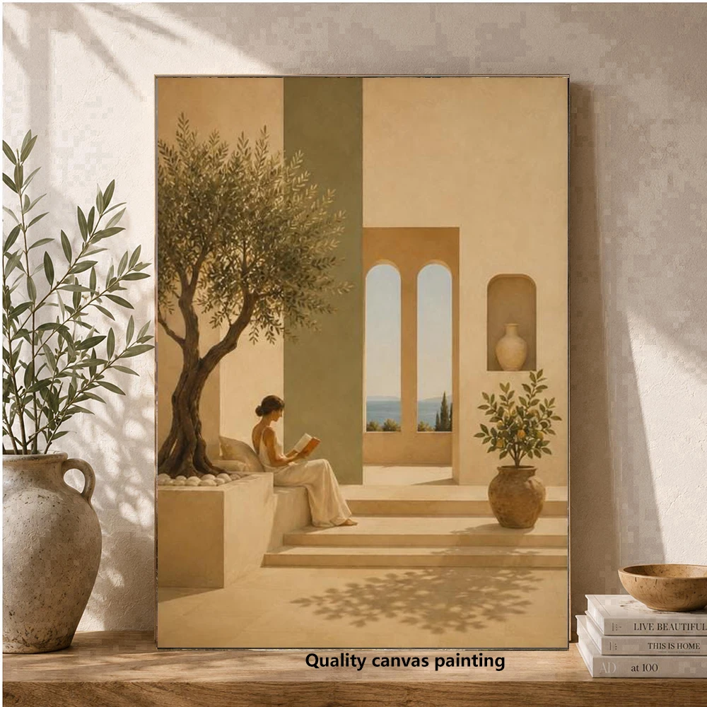 Woman Reading Print, Mediterranean Neutral Wall Art, Book Lover Gift, Reading Nook Decor, Minimalist Bedroom Poster, No Frame