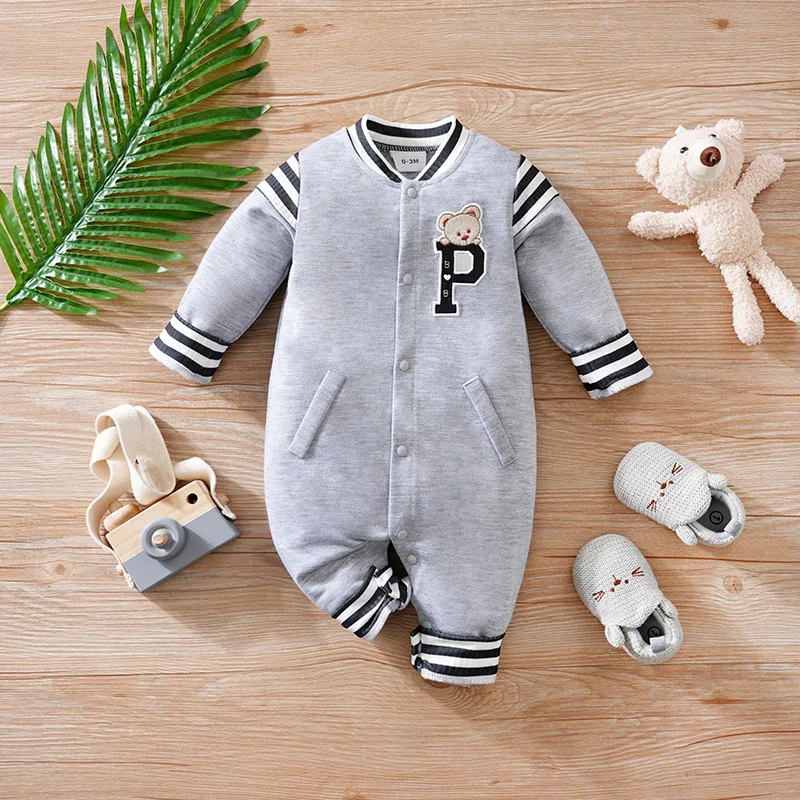 2 Pack Infant Baseball Collar Jumpsuit Cartoon Bear Patch Embroidery Striped Cuff Long Sleeve Baby Romper Set