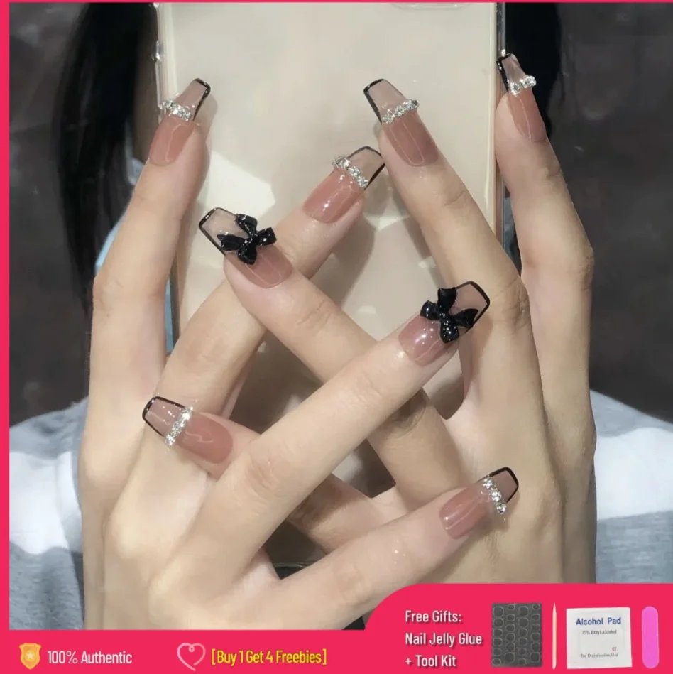 【Pegamento de gelatina gratis + regalo】 24 unids/set uñas postizas para decoración de uñas con diamantes brillo rosa plateado usando puntas de uñas postizas reutilizables