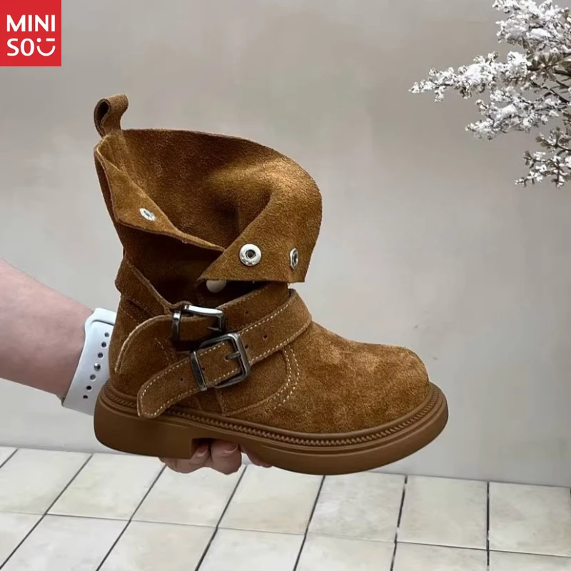Miniso 2025 Bottes Martin en daim pour enfants, chaussures d'hiver mi-mollet de style britannique avec doublure en fourrure
