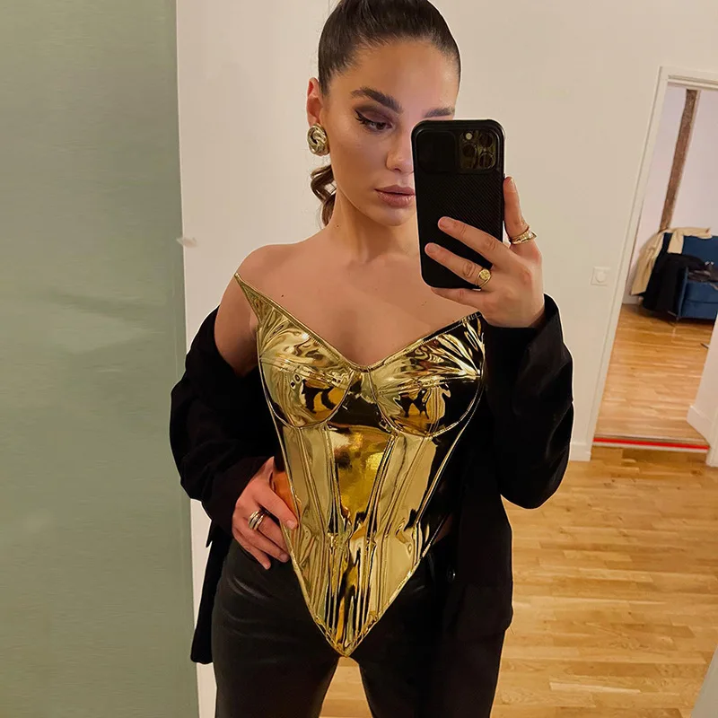 

European And American Women's Summer Solid Color Casual PU Leather Glossy Aipper Slim Fit Sleeveless Strapless Top