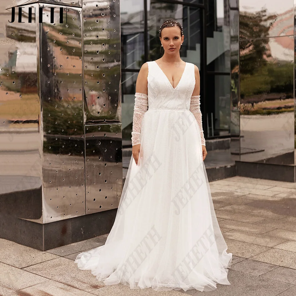 JEHETH Exquisite Wedding Dresses For Woman Sleeveless V-Neck Bridal Gowns Modern Tulle A-Line Plus Size vestidos de novia