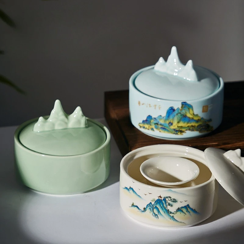 Ceramic Hot Pot Ink Stone Multifunctional Ink Cartridge Ink Stone Calligraphy Paint Mixing Palette Chinese Writing Drawing