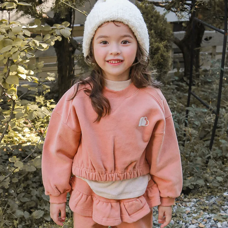 

Teenager 3-8Y Girls Two-piece Set 2025 Winter Thick Warm Kids Baby Girls Sweatshirt+Korean Solid Color Children Girl Pants