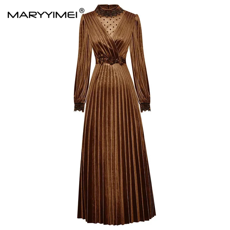 

MARYYIMEI Fashion Designer Autumn Velvet Long Dress Women Stand-up collar Embroidery Mesh High waist Sashes applique Solid Dress