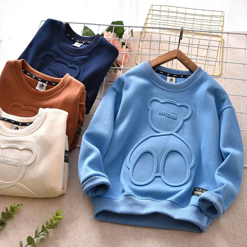 

Teenagers Boys Spring Autumn Hoodies Solid Color Cartoon Bear Pattern Long Sleeved Sweatshirt For 2-12 Years Kids Sports Shirt