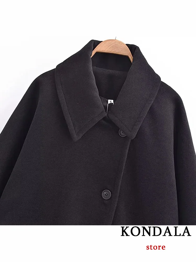 KONDALA Casual Vintage Chic Women Overcoat Solid Pocket Turn-down Collar Single Breasted Loose Coat New Fashion 2024 Winter Coat