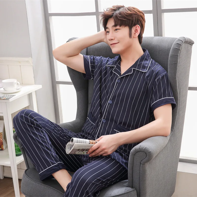 Autumn men\'s pajamas cardigan lapel knitted cotton plaid homewear suit short-sleeved trousers men\'s simple casual pajamas