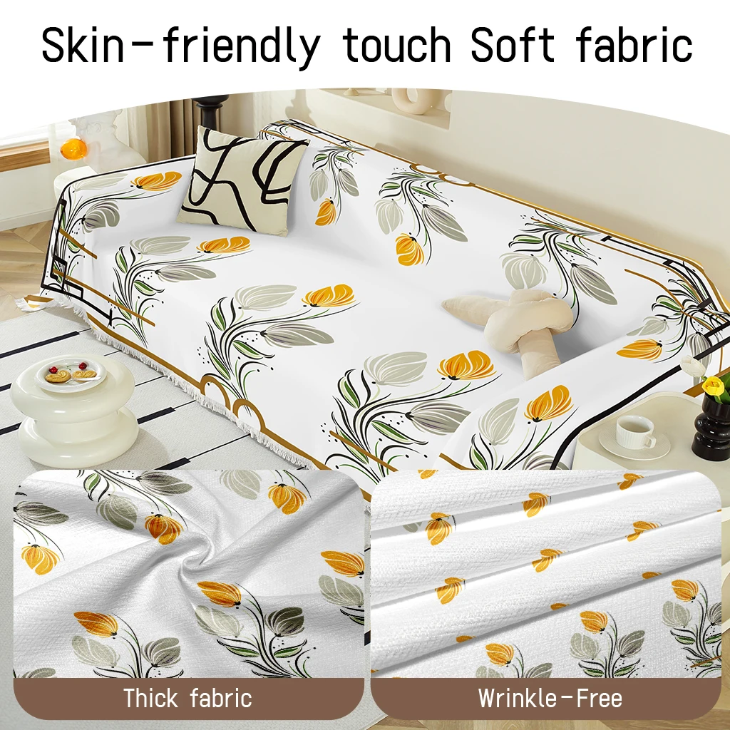 1pc Art Deco Tulip Sofa Blanket, White Gold Geometric Couch Throw for Home Decor, Soft Vintage Washable Protector