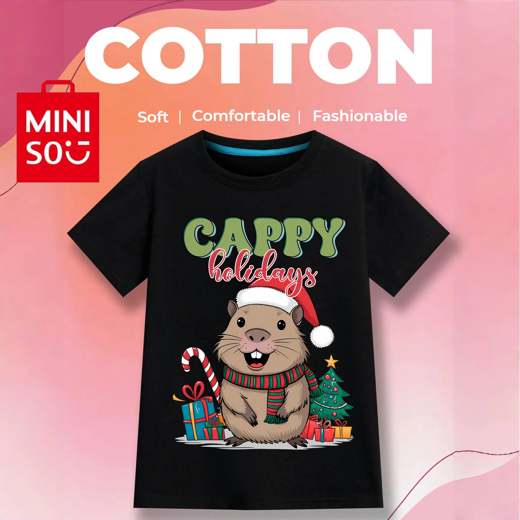 

MINISO Merry Christmas Capybara Pure Cotton Children’s T-shirt Boys/Girls Gift Soft Clothes Outdoor O-neck Short Sleeve T-shirt