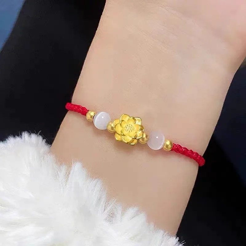 

High-quality gold 9999 lotus red rope bracelet 24 real golden lotus bracelet women's temperament jewelry