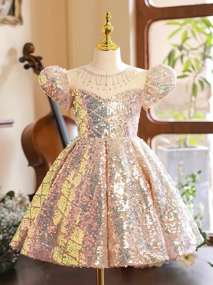 

2024 Children's Dress Girl Party Gala Elegant luxury celebrity dress Fluffy sequin ballet dress Birthday front room